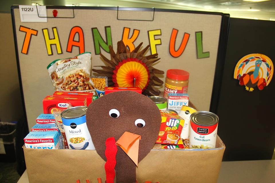 Box decorated like a turkey filled with canned goods